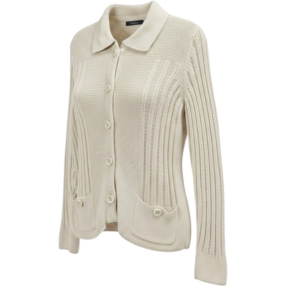 LIZ CLAIBORNE Cardigan Women L Cream Cable Knit Button Up Collared Classic Chic